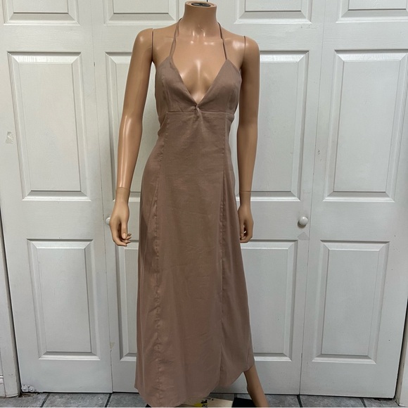 Zara Linen Blend Open Back Halter Tan Sleeveless Dress Size L  New - Picture 13 of 13